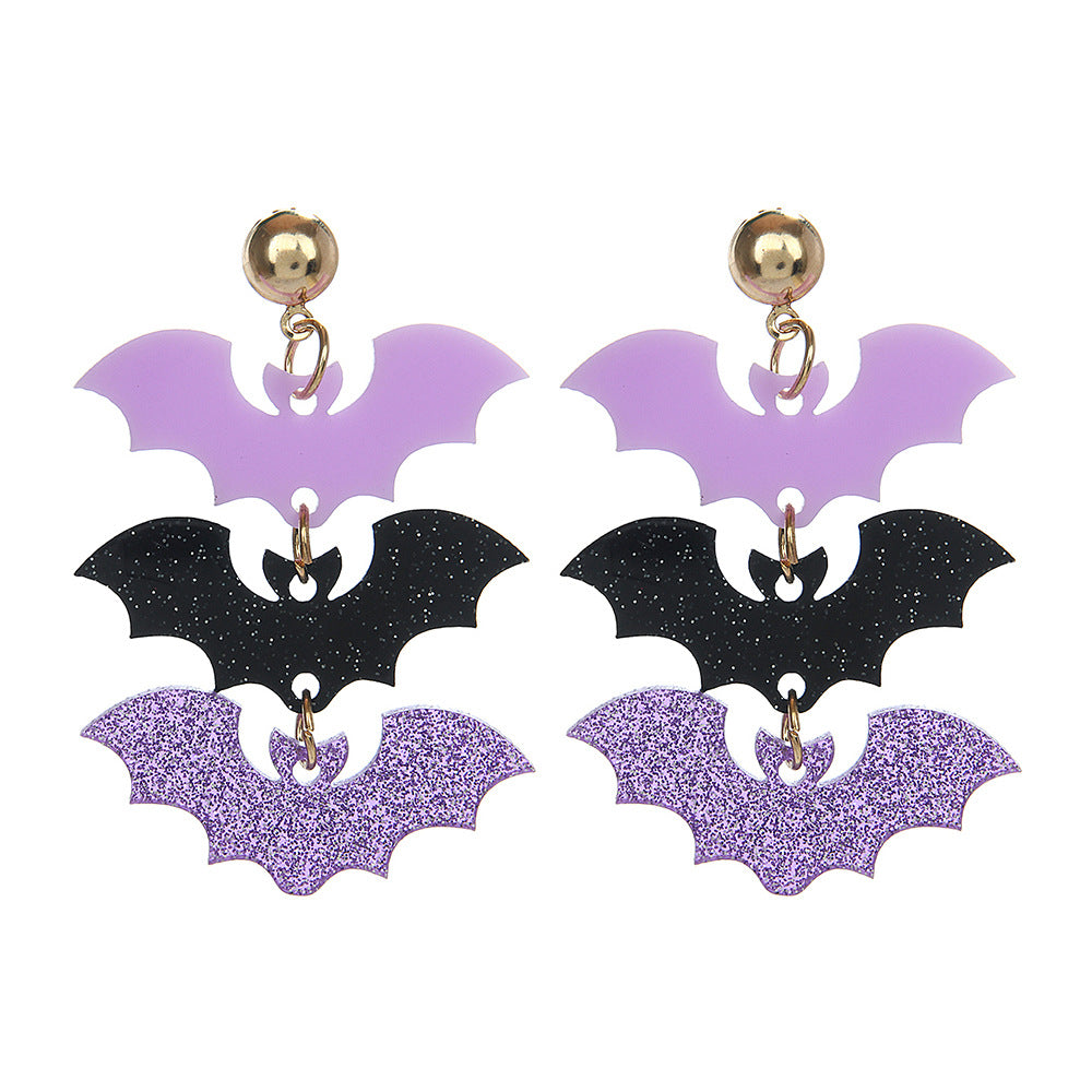 Wholesale  Halloween Acrylic Purple and Black Three Bats Acrylic Earrings