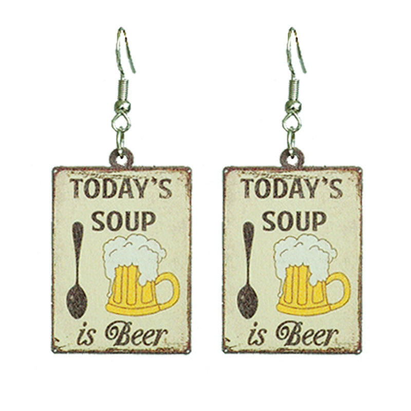 Wholesale 2 Pairs/pack Beer Red Wine Fun Funny Earrings Warning Sign Wooden Earrings ACC-ES-HY086