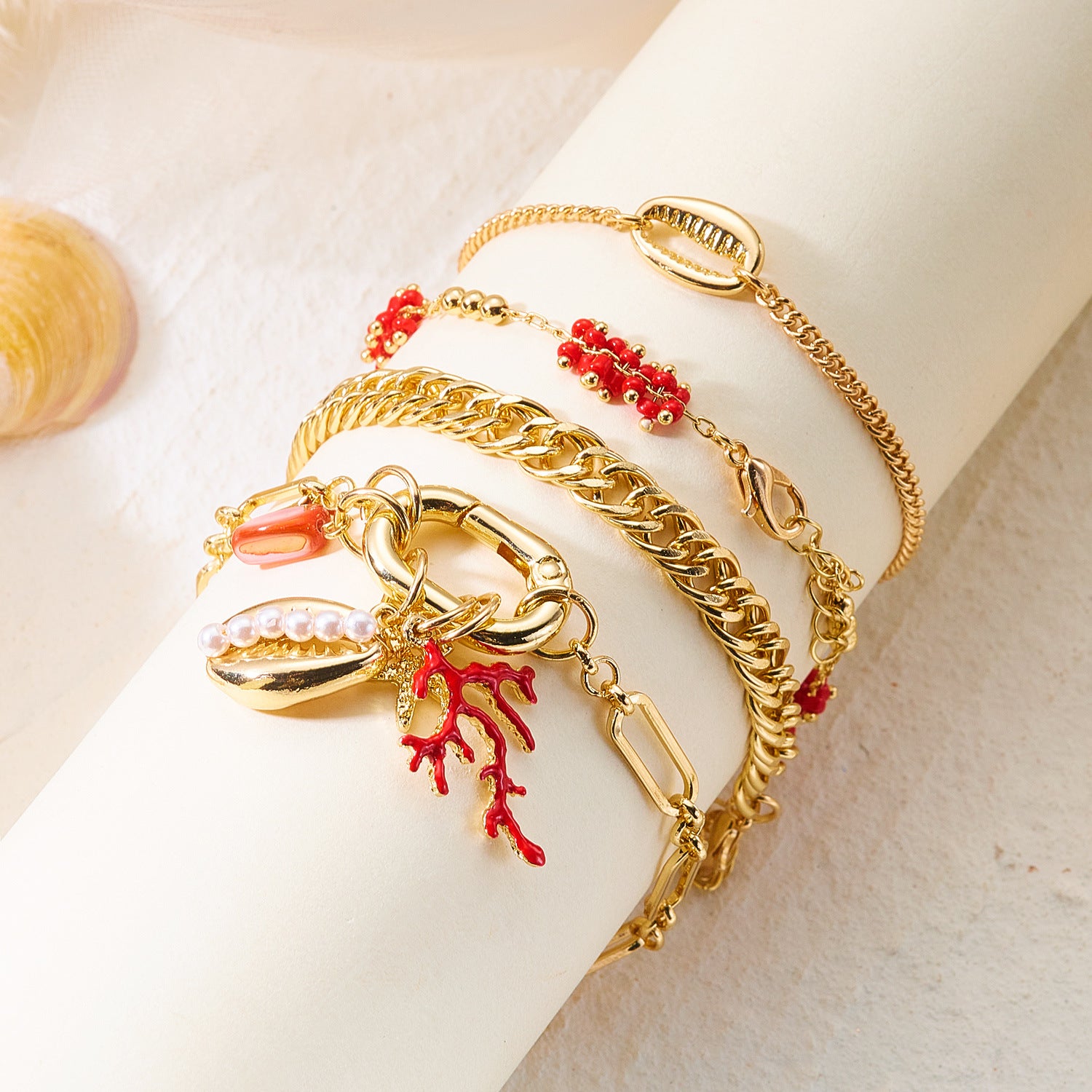Wholesale Bohemian Beach Style Starfish Coral Geometric Pendant Bracelet Set Alloy Electroplated Jewelry For Women Travel Souvenir Gift