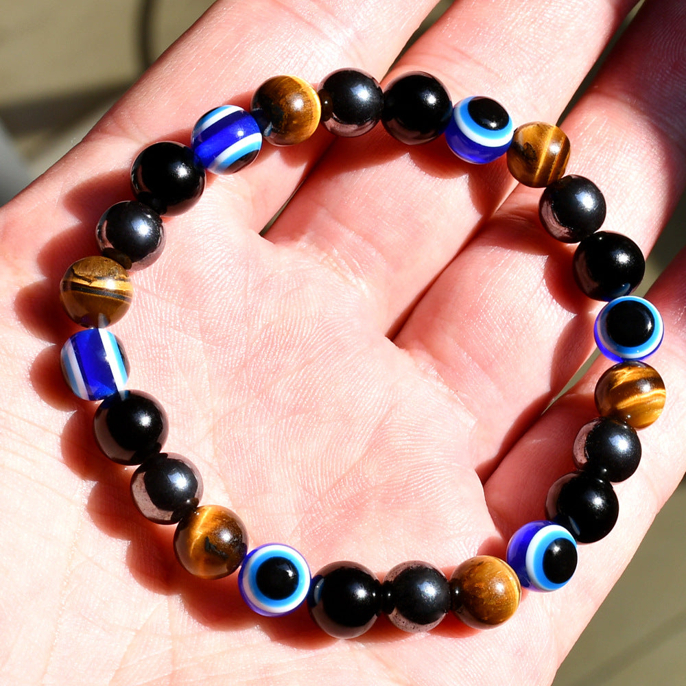 Wholesale Handmade Evil Eye Beaded Bracelet,  Black Stone Tiger Eye Unisex Bracelet,  Trendy Jewelry Accessory for Gift and Everyday Wear