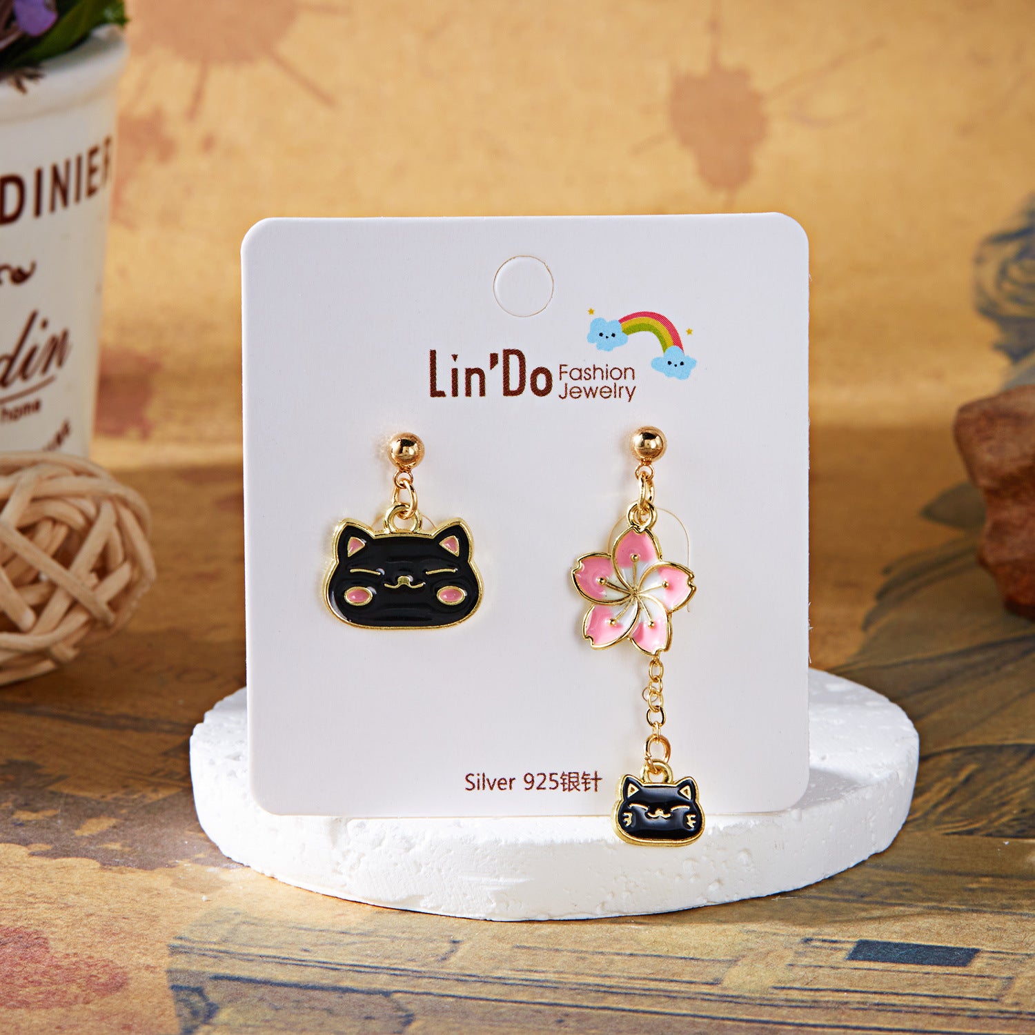 Wholesale Oil-dripped cat flower asymmetrical earrings