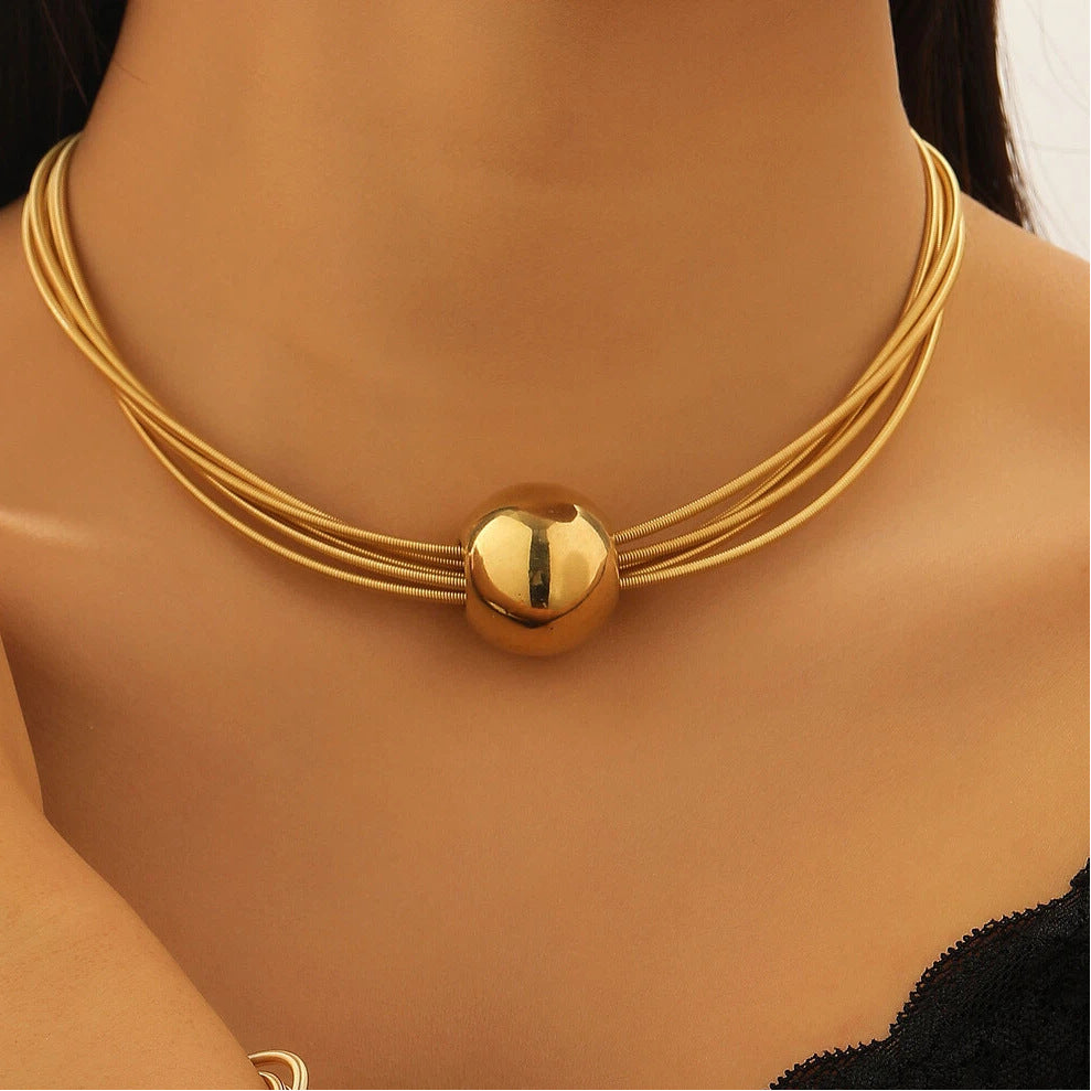 Wholesale Gold Tone Punk Style Multi Layer Chain Necklace And Bracelet Set Geometric Ball Pendant Fashion Jewelry For Gift