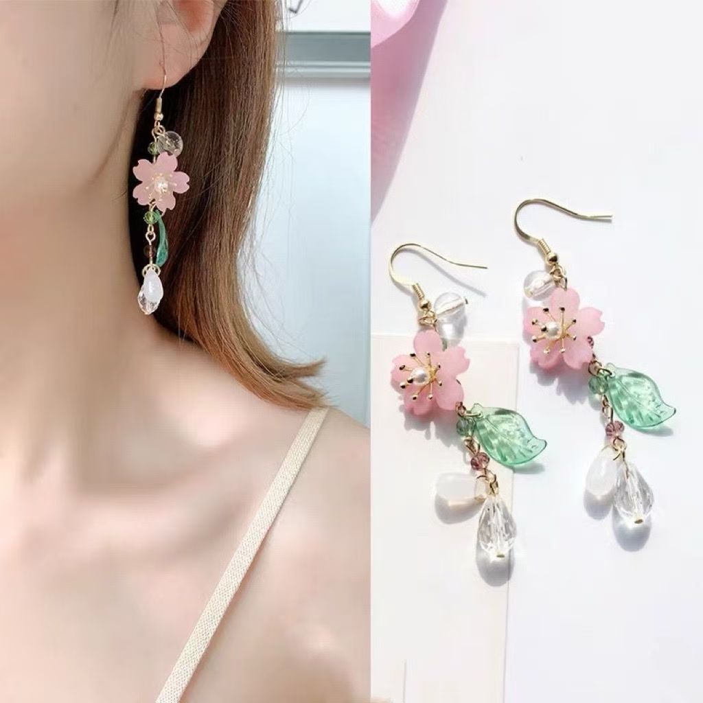 Wholesale Resin Flower Ear Hook Long Cherry Blossom Leaves Retro  Earrings