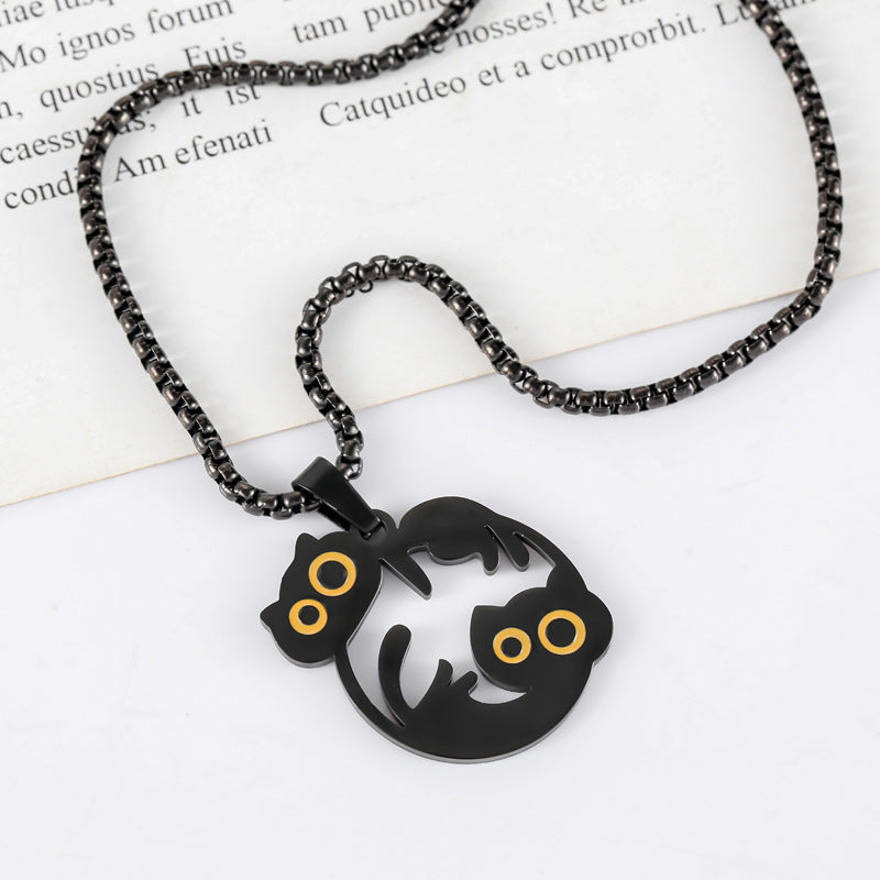 Wholesale titanium steel cartoon black cat necklace