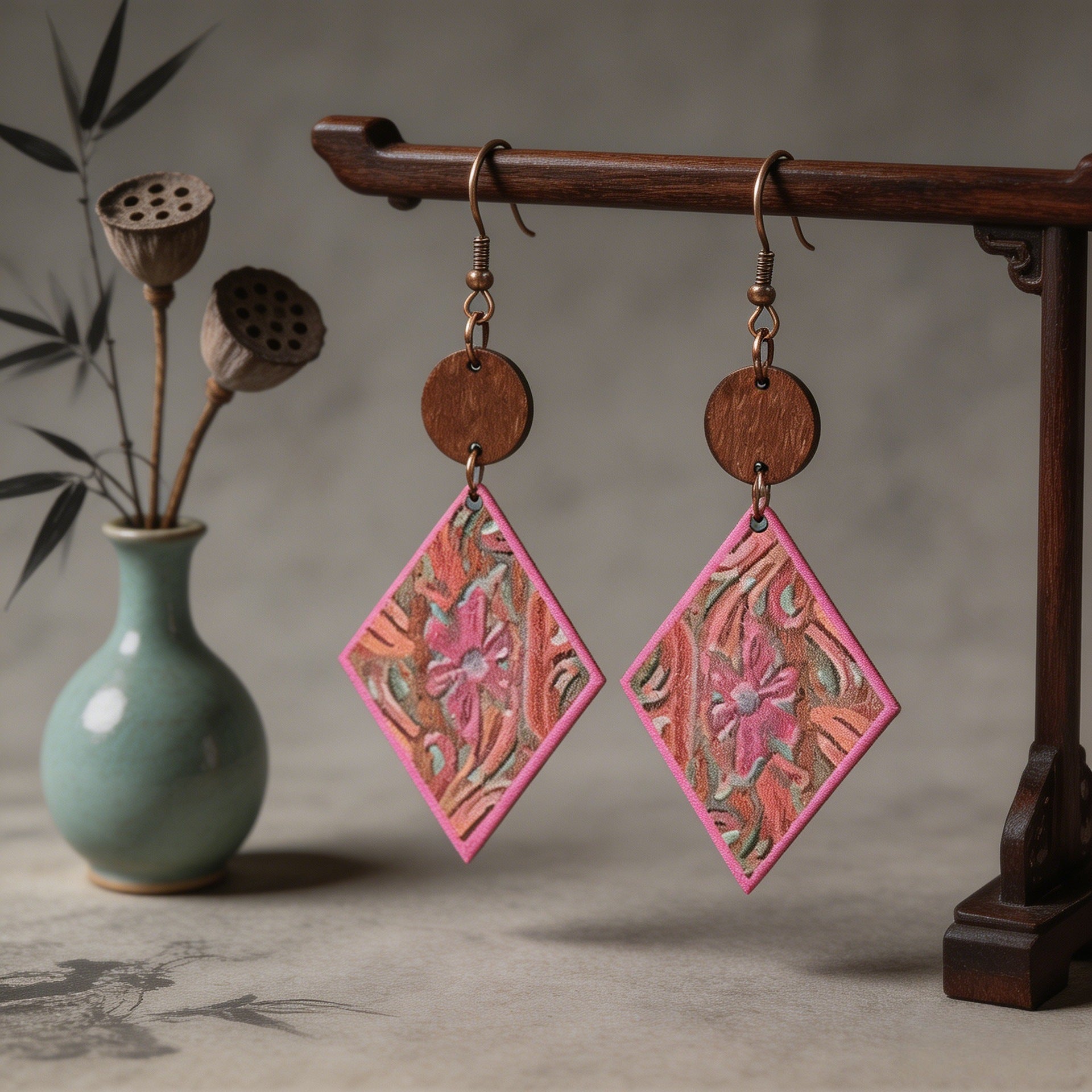 Wholesale Pink Wooden Earrings With Bohemian Vintage Rhombus And Petal Print Party Fashion Jewelry Accessory