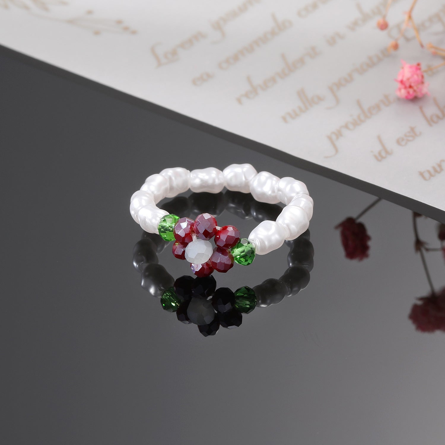 Wholesale Korean Style Flower Beaded Ring Resin Elastic Ring For Women Fashion Jewelry Accessory Boutique Resale
