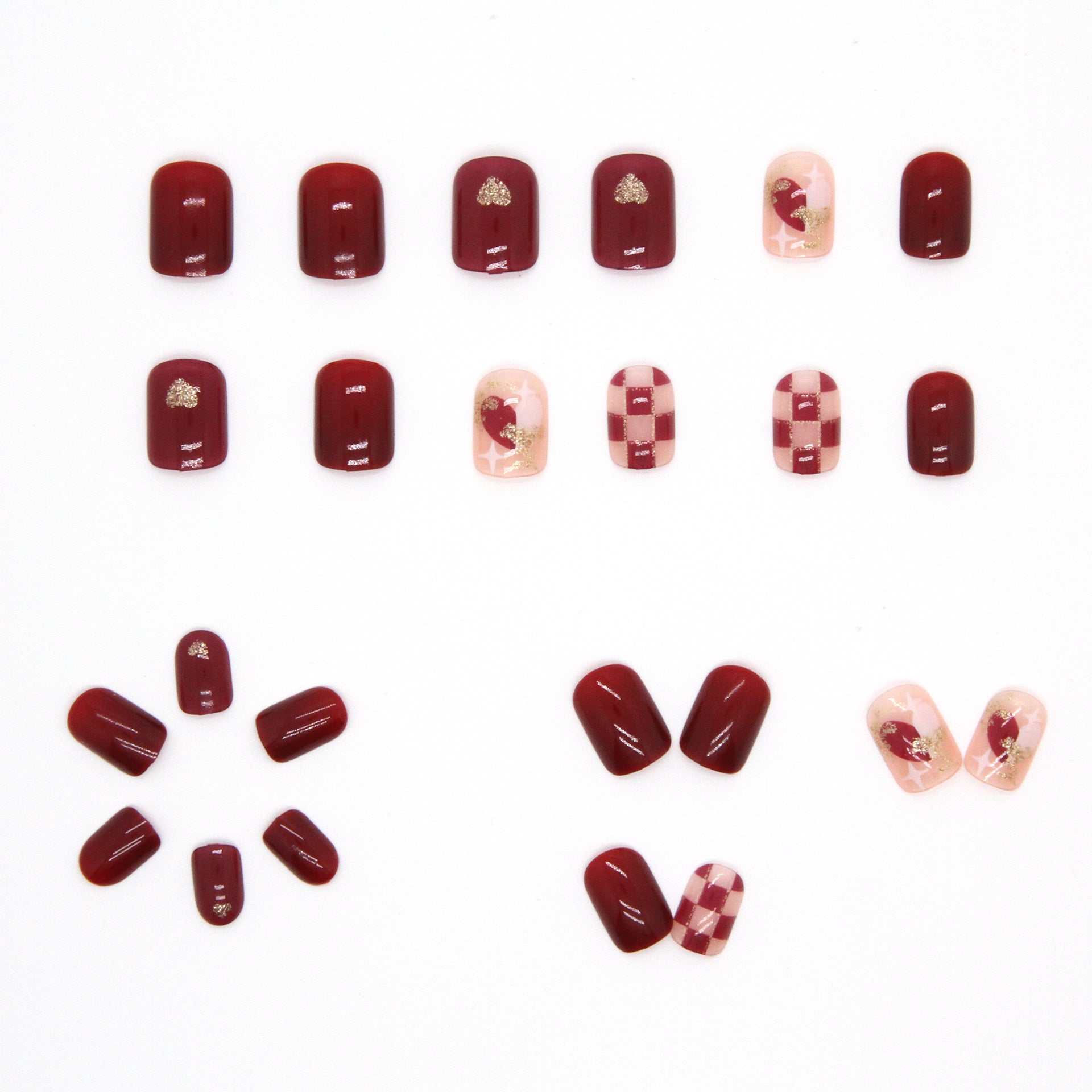 Wholesale 24 Pieces/box Red Chessboard Heart Nails Kits Nail Stickers