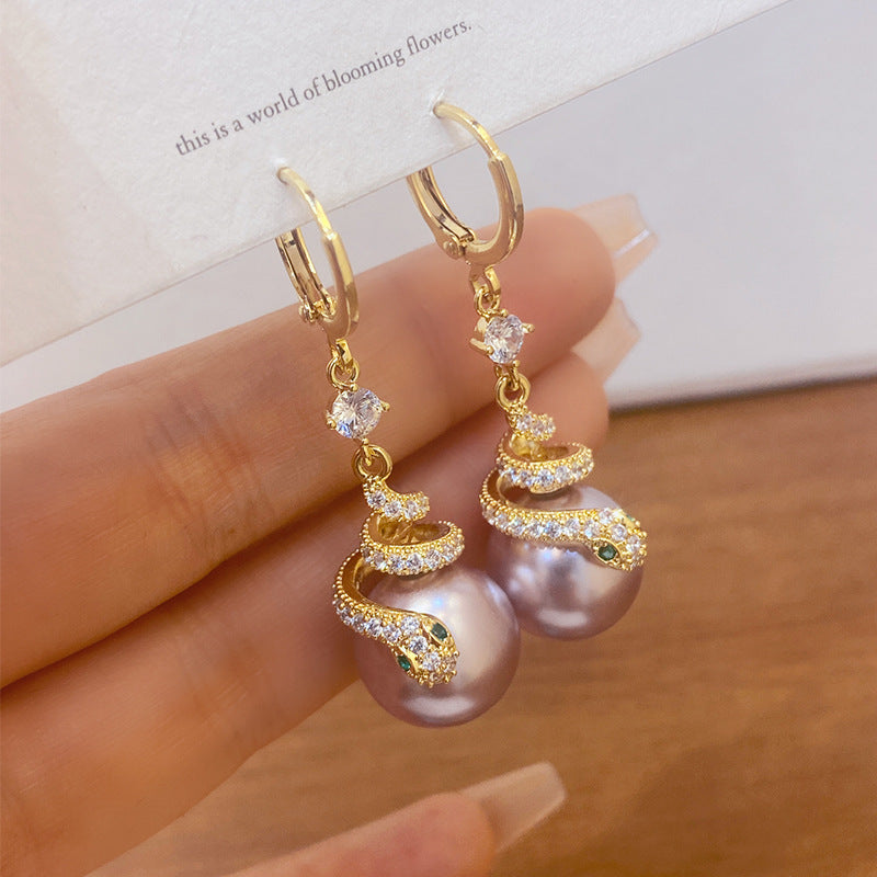 Wholesale Purple Pearl Snake Light Luxury Earrings