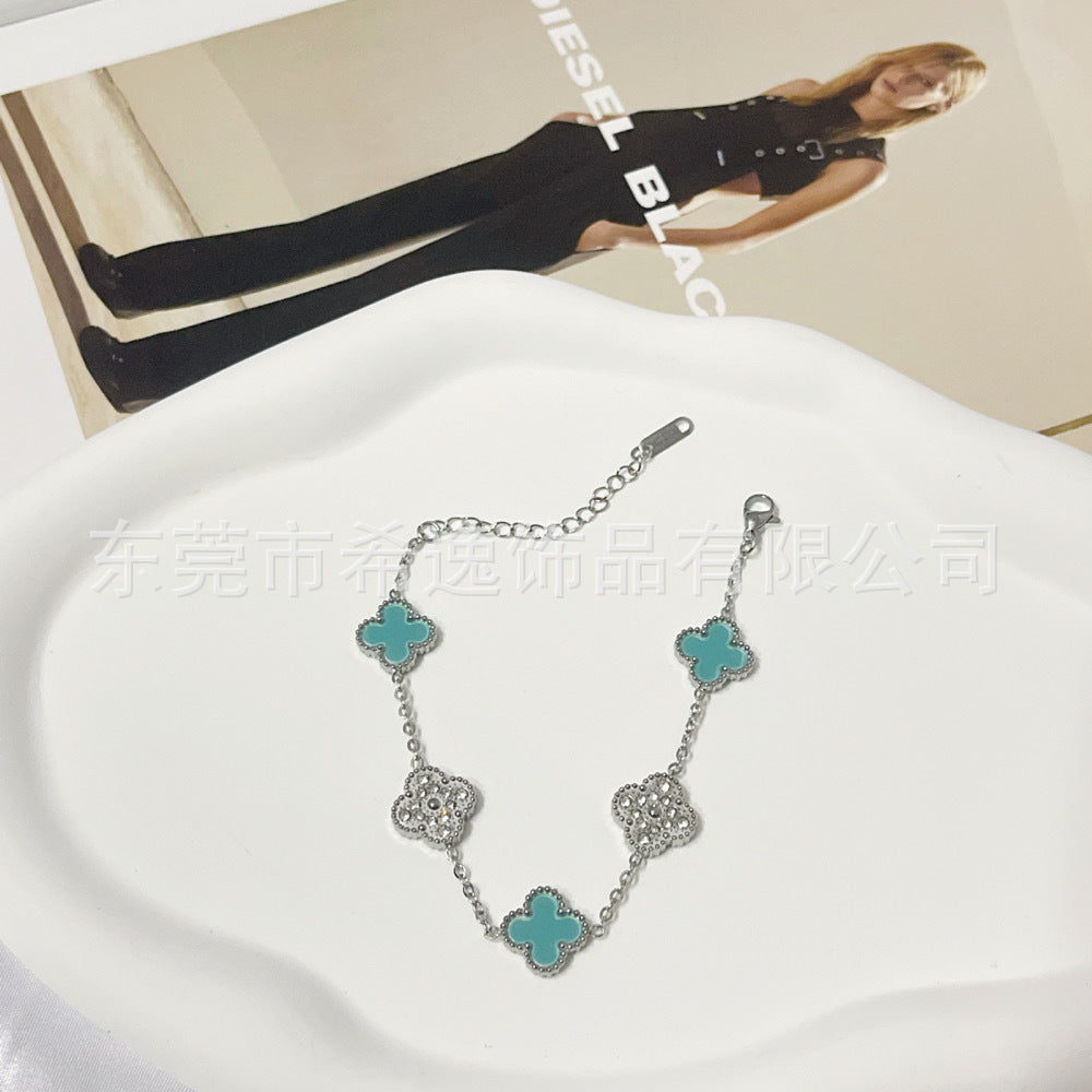 Wholesale Trendy Four-Leaf Clover Rhinestone Bracelet Titanium Steel Jewelry for Office Ladies Everyday Wear Gift