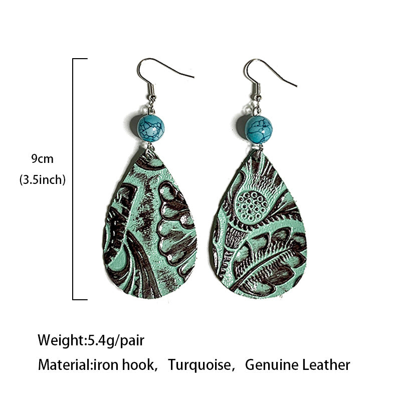 Wholesale Retro Leather  Western  Long Water Drop Turquoise ing Horse Hair Earrings