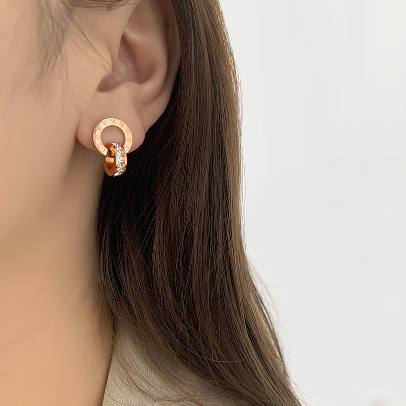 Wholesale Interlocking Double-Ring Earrings with Numbers Rose Gold Titanium Steel