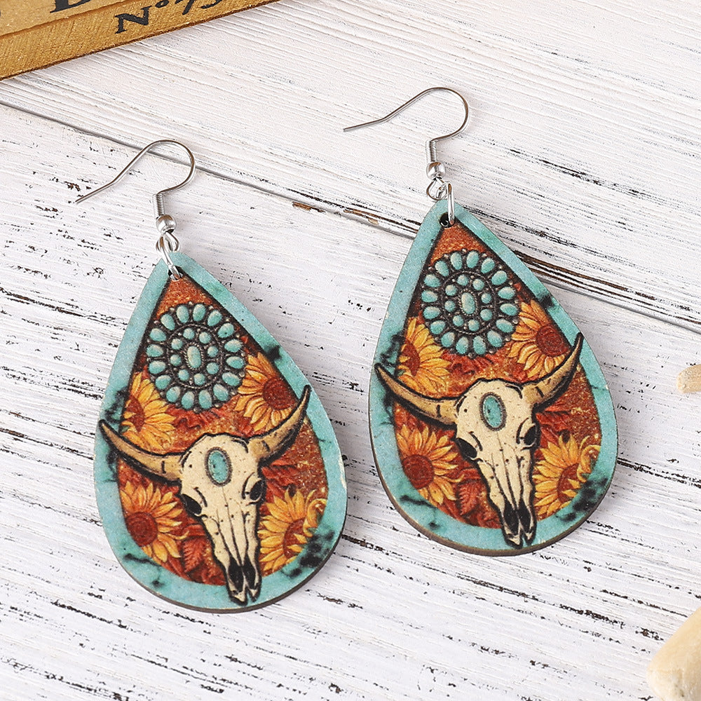 Wholesale  Western Style Turquoise Sunflower Flower Cattle Head Earrings