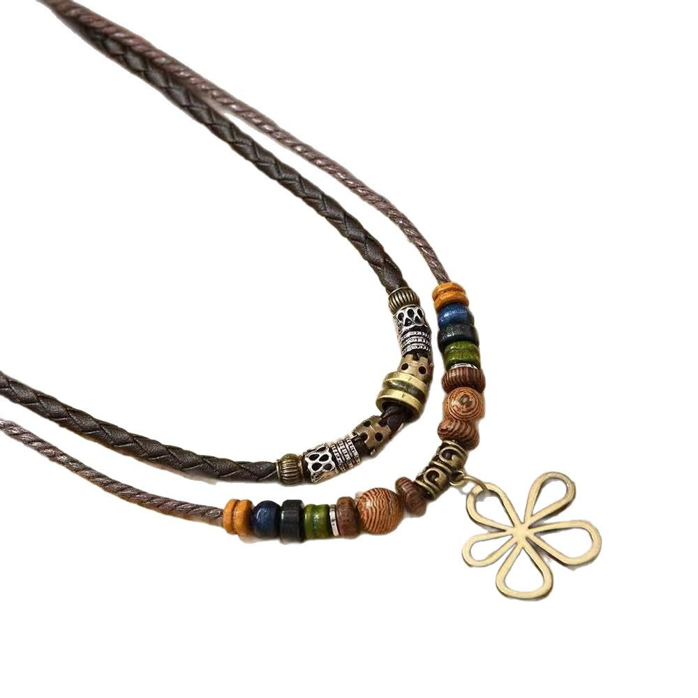 Wholesale Trendy Five Leaf Clover Wax Rope Necklace And Earring Set With Shell Pendant Party Wear Jewelry Accessory