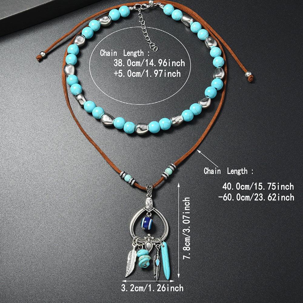 Wholesale Handmade Beaded Turquoise Necklace Bohemian Vintage Ethnic Double Layer Pendant Long Chain Jewelry Accessory 2 Piece Set