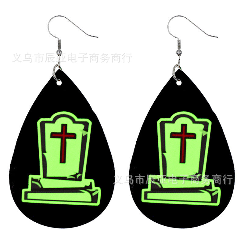 Wholesale Halloween Pumpkin Skull Fluorescent Green Luminous Leather Earrings ACC-ES-ChenY039