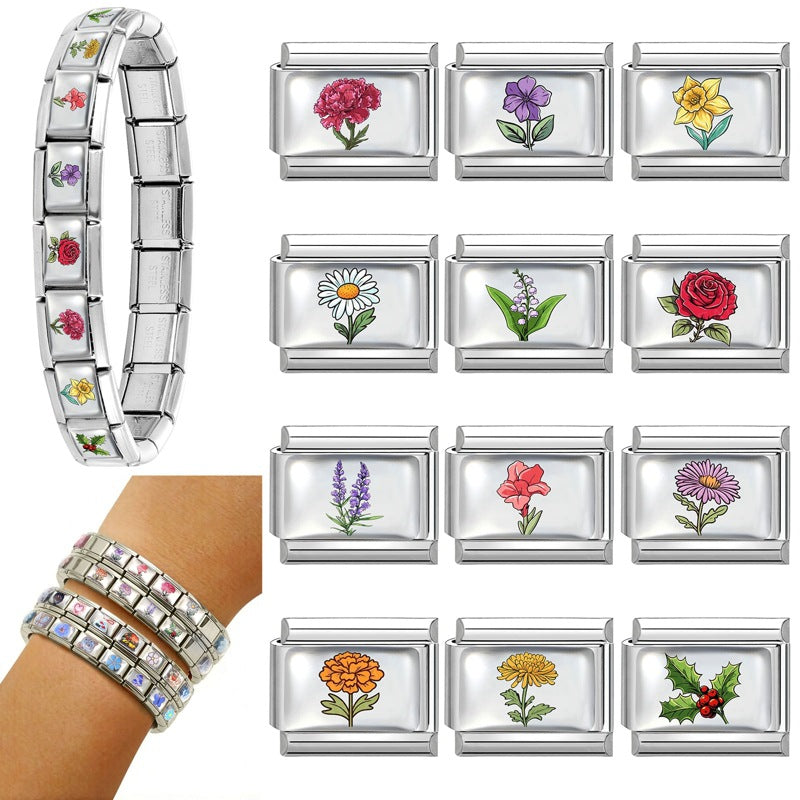 Wholesale Stainless Steel Electroplated DIY Bracelet Charm Month Flower Module for Everyday Wear Jewelry Accessory