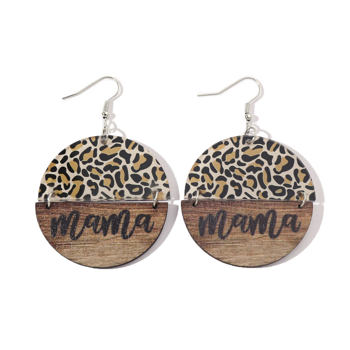 Wholesale  Mother's Day Double-sided Printing Leopard Mama Letters Round Stitching Acrylic Wooden Earrings
