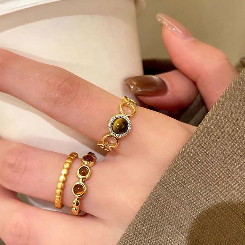 Wholesale Maillard Style Light Luxury Retro Gold Ring with Tiger' s Eye and Zircon