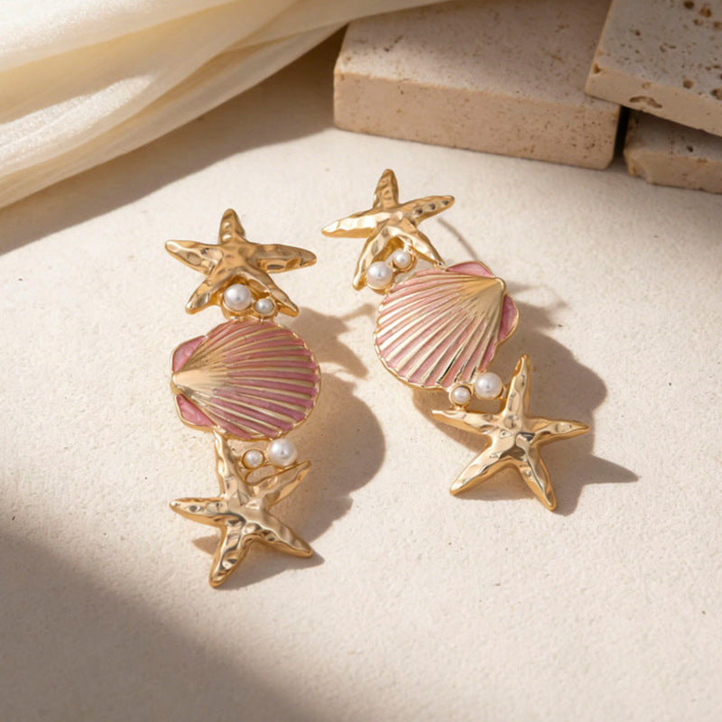 Wholesale Ocean-Inspired Textured Gold Conch and Starfish Stud Earrings