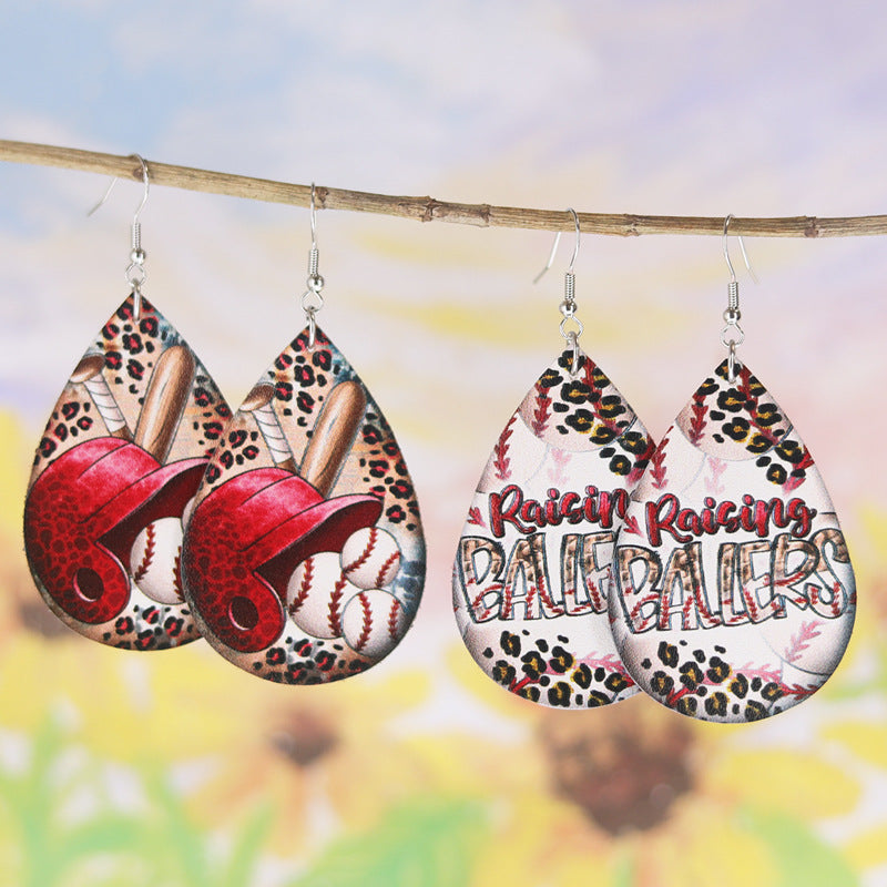 Wholesale  Baseball Leopard Print Women Teardrop Shape PU Leather Earrings
