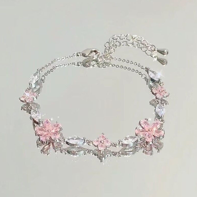 Wholesale Pink Cherry Blossom Bowknot Zircon Bracelet Alloy Fashion Jewelry Boutique Resale