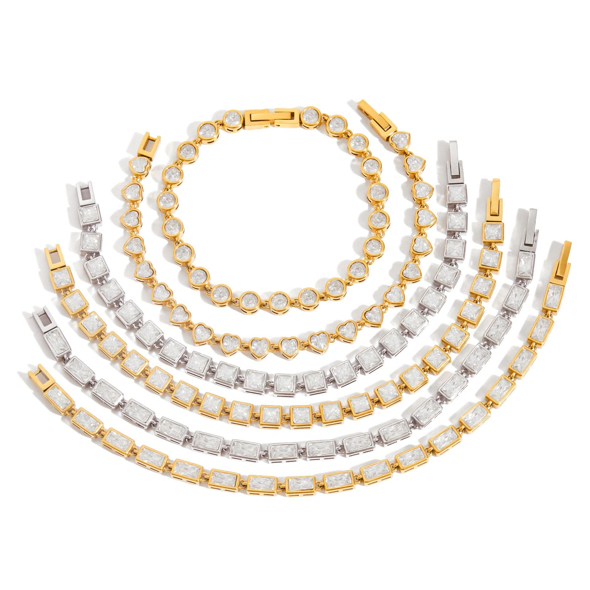 Wholesale  18K Gold Stainless Steel Square White Zircon Watch with Tennis Chain Bracelet