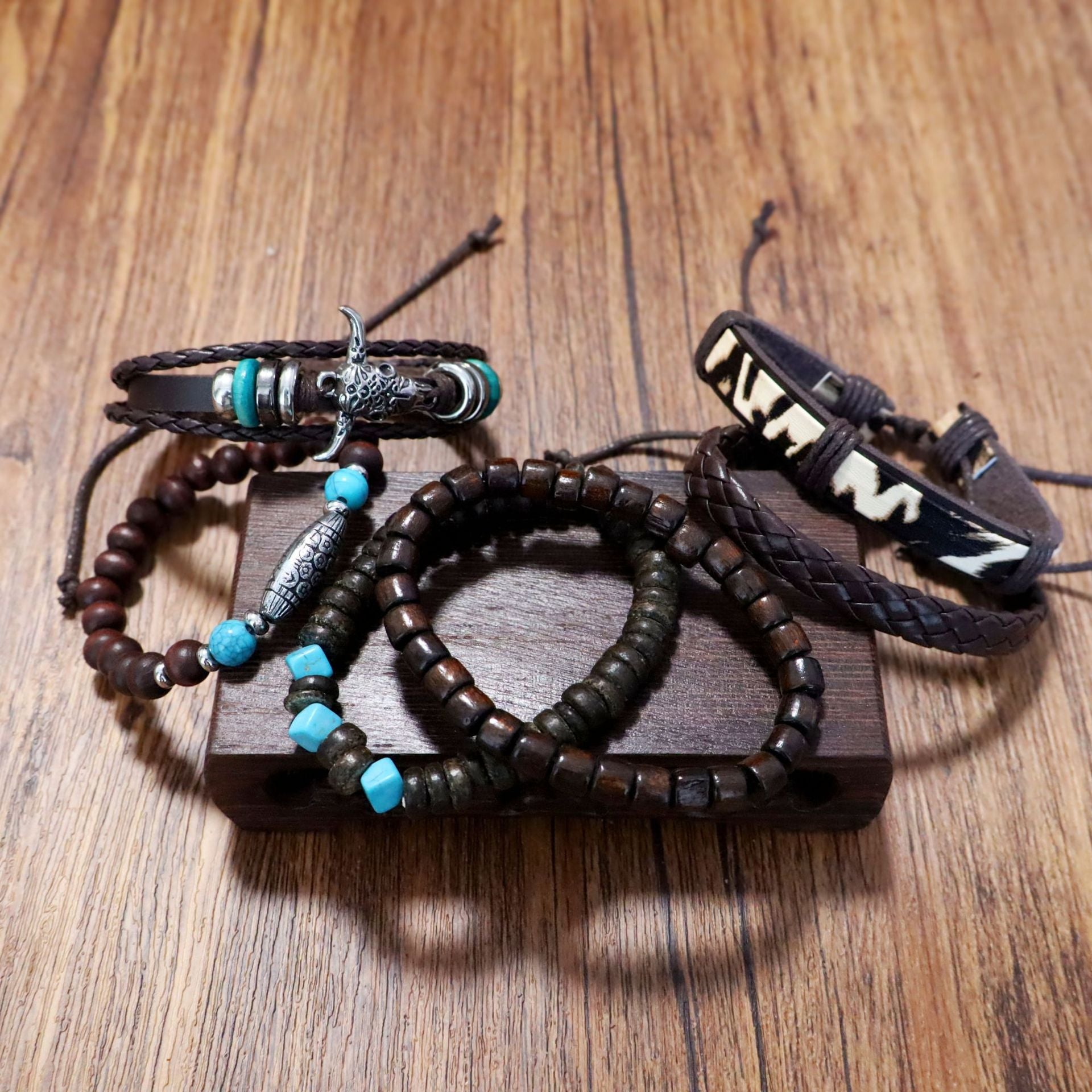 Wholesale Leather Bohemian style wooden bead vintage bull head six-piece bracelet set