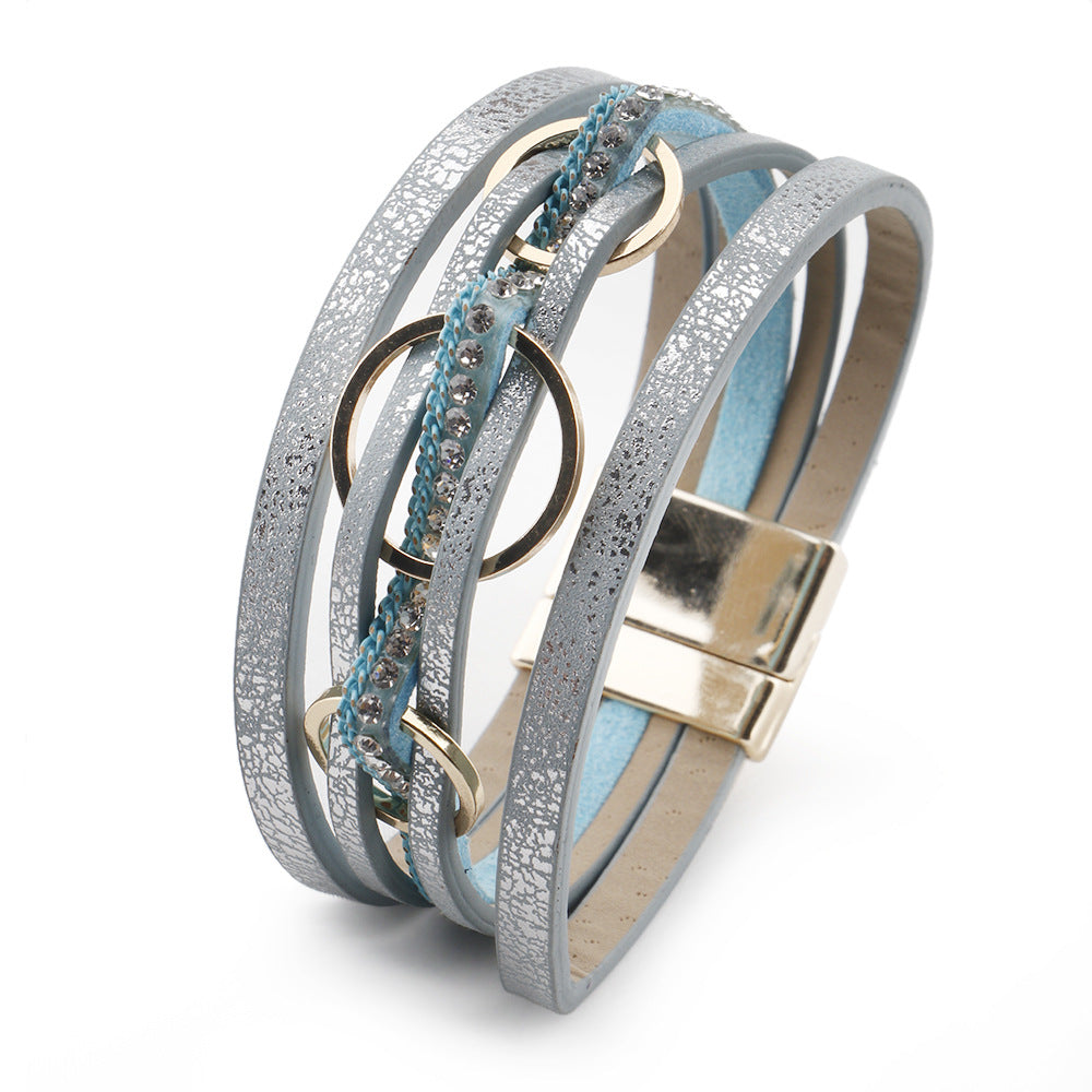 Wholesale Pink PU Leather Women S Layered Bracelet With Magnetic Clasp And Interlocking Rings Stylish Jewelry Accessory For Everyday Wear