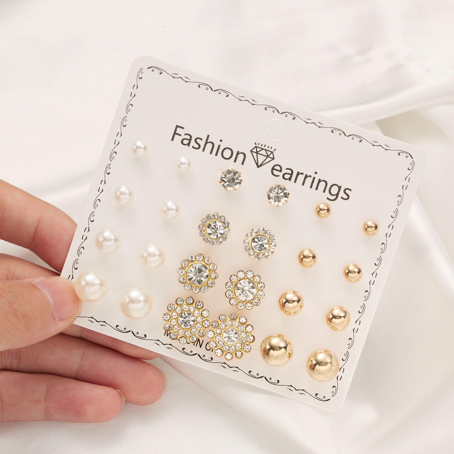 Wholesale 12pcs/set Pearl Rhinestone gold ball combination card earrings set