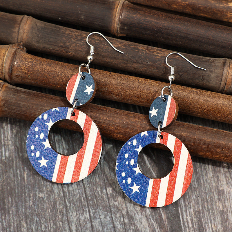 Wholesale American Independence Day Hollow Ring Stitching Printing American Flag Wooden Earrings