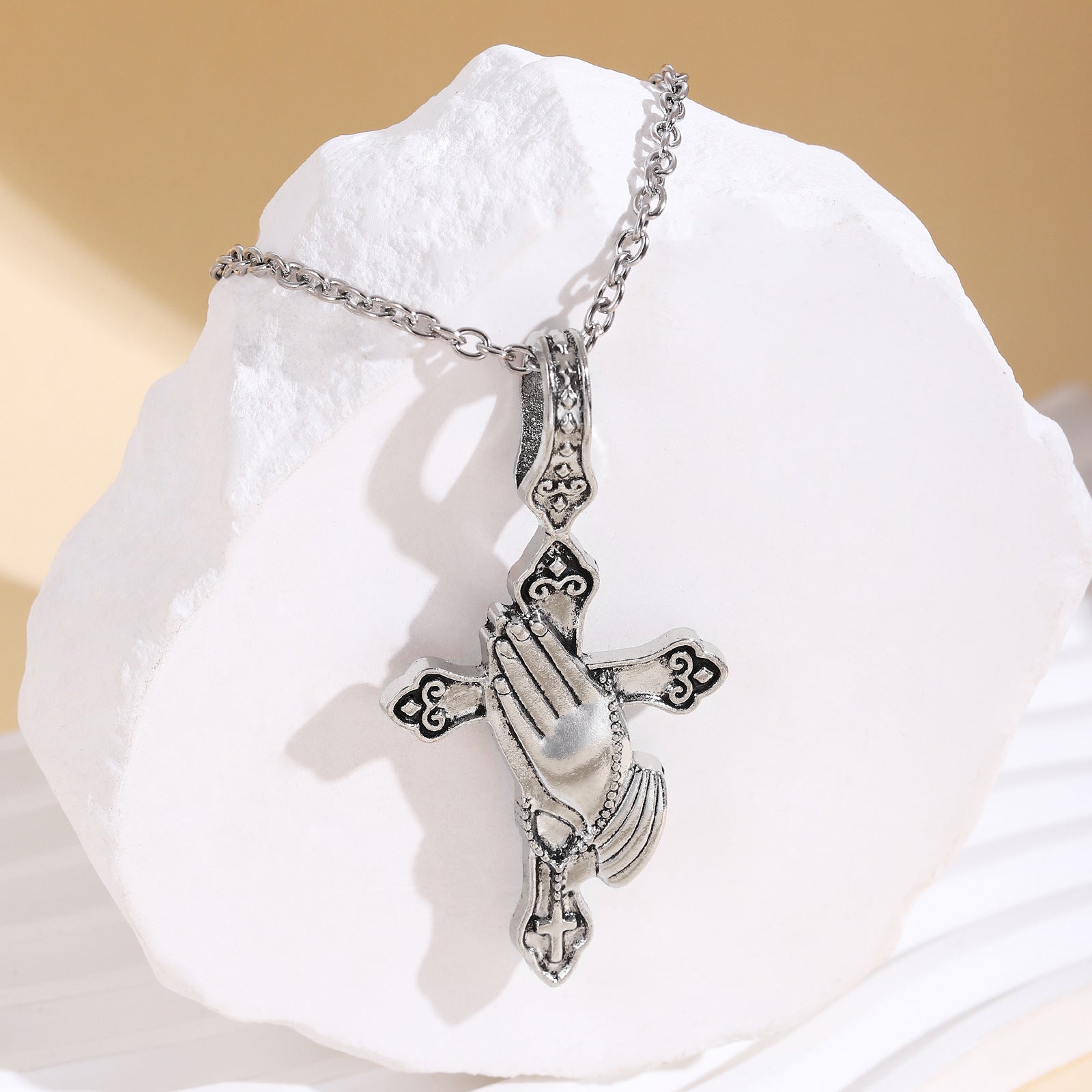 Wholesale Stainless Steel Chain Praying Hands Cross Alloy Pendant Women's Necklace