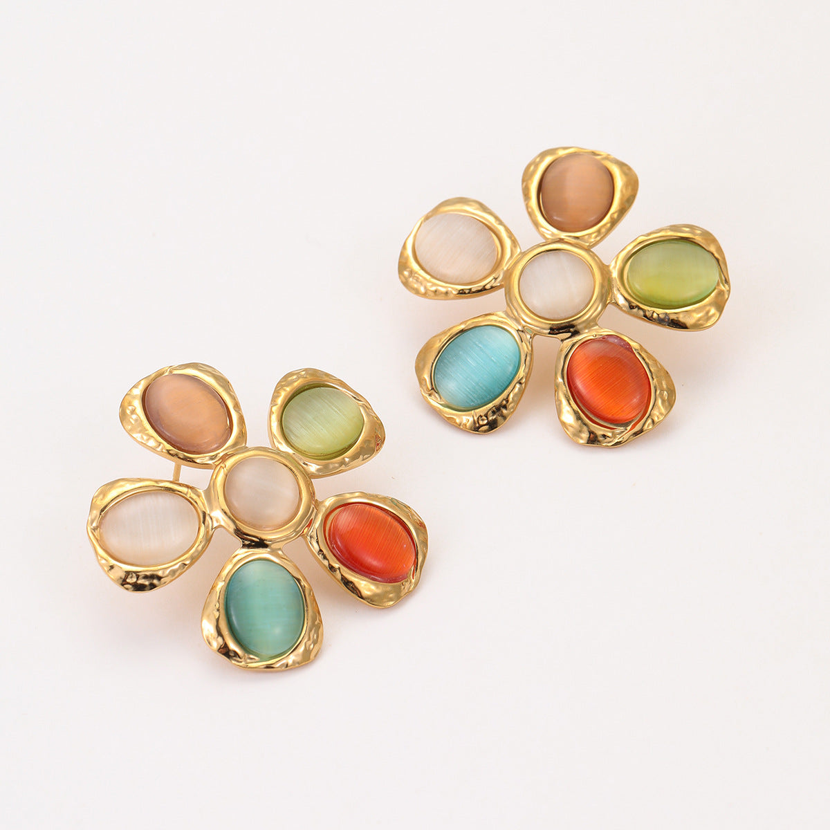 Wholesale 18K gold stainless steel  color cat's eye stone flower earrings necklaces