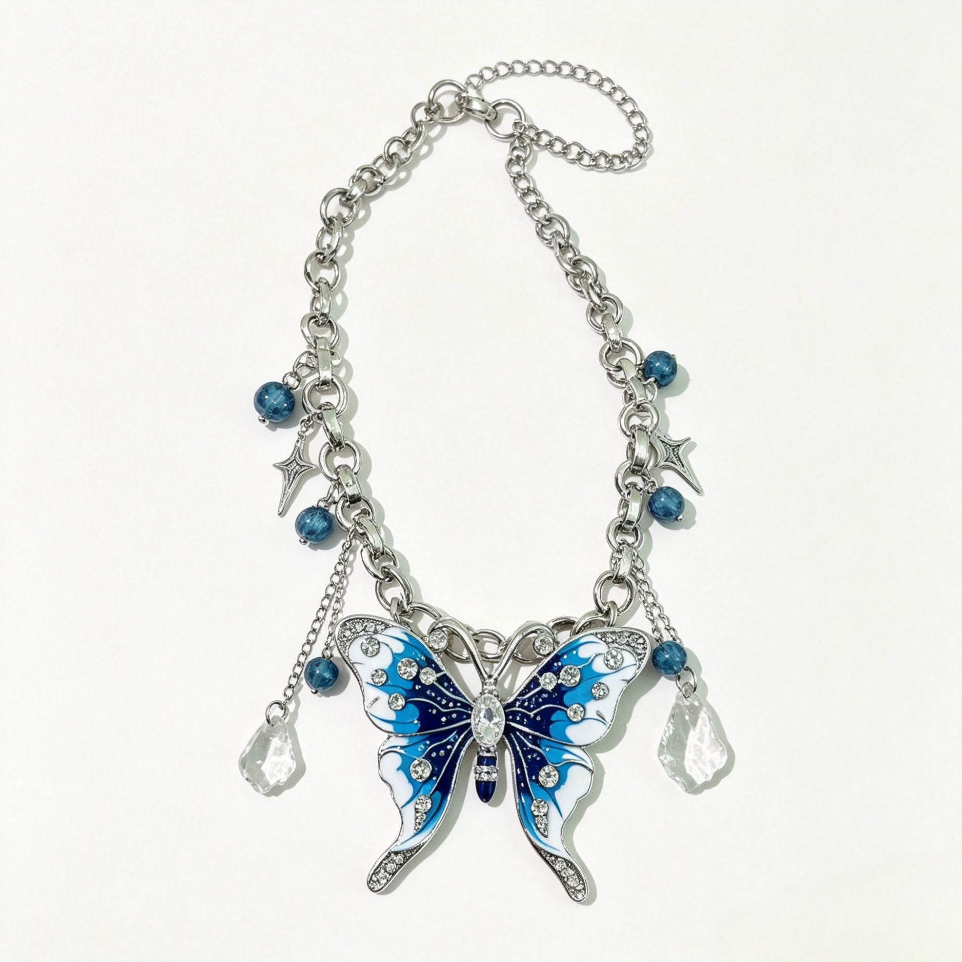 Wholesale Y2K Blue Gradient Butterfly Necklace Pink Crystal Tassel Collarbone Chain Chic Jewelry Accessory Gift
