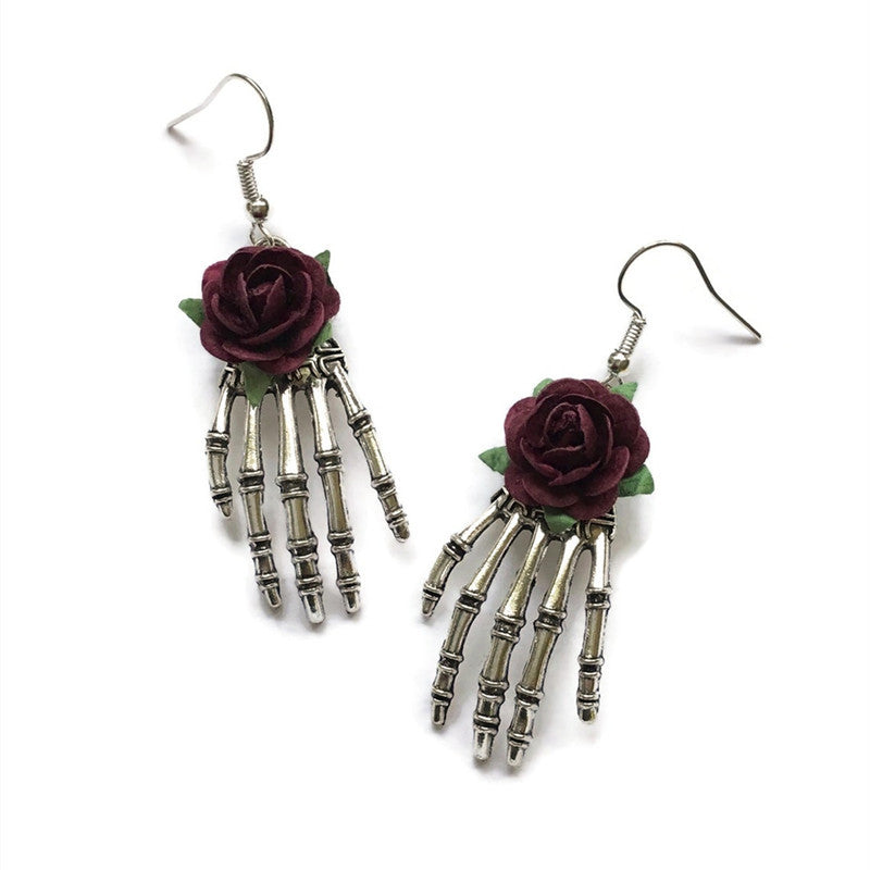 Wholesale Goth Theme Skeleton Hand Red Rose Handmade Earrings ACC-ES-Juna002