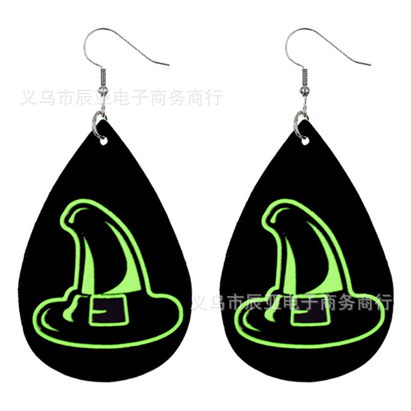 Wholesale Halloween Pumpkin Skull Fluorescent Green Luminous Leather Earrings ACC-ES-ChenY039