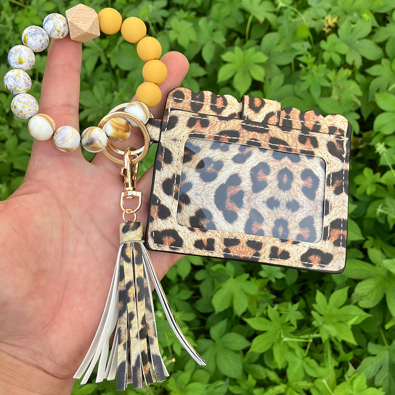Wholesale Leopard Plaid Western Style Card Holder Silicone Beaded Wristlet Keychain ACC-KC-QiuXue011