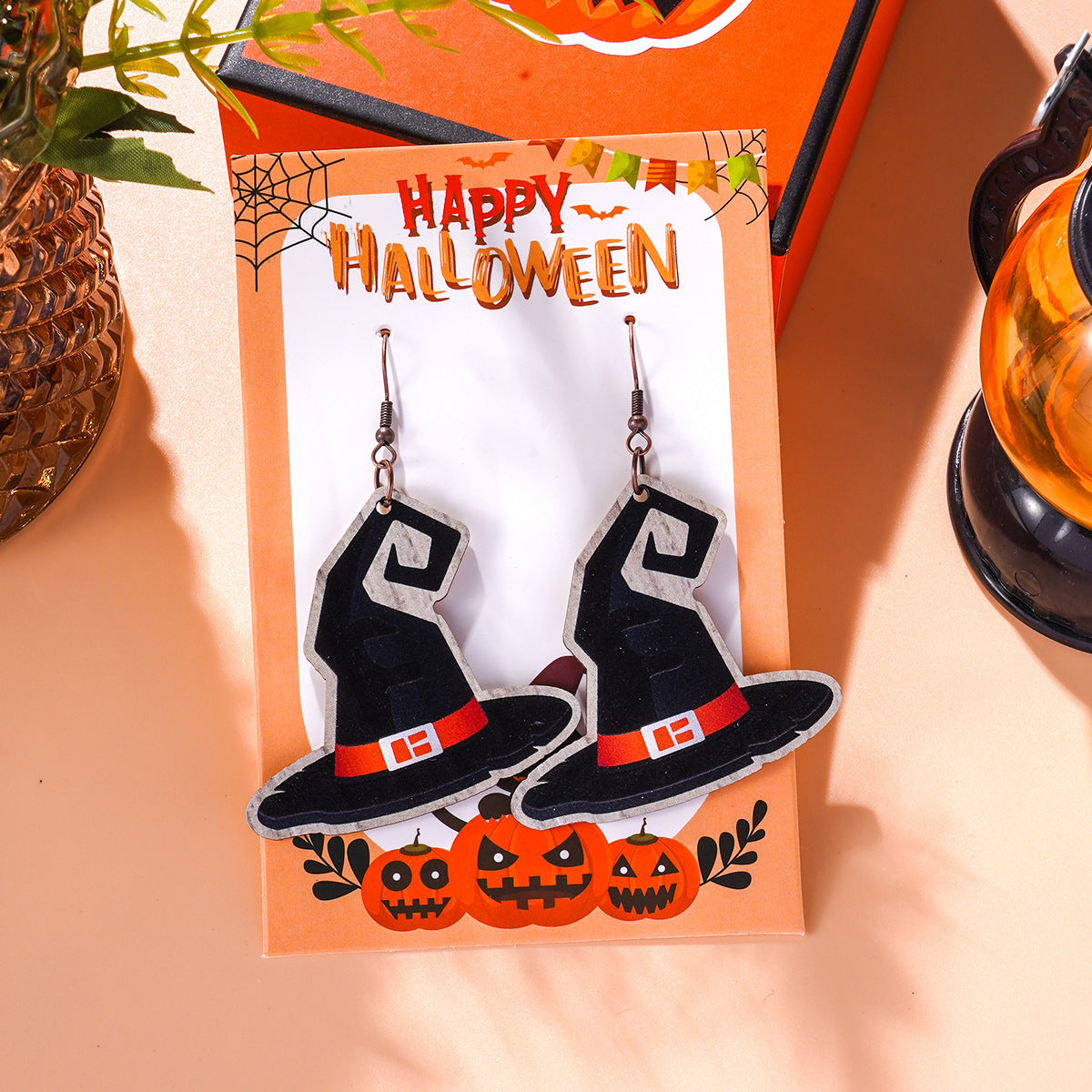 Wholesale Halloween Cartoon Wood Pumpkin Spider Kitten Earrings ACC-ES-Ditong004