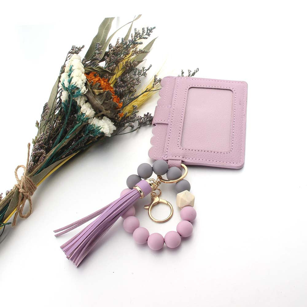 Wholesale Silicone PU Leather Tassel Bracelet Wooden Beads Wallet Keychain ACC-KC-JinAn023