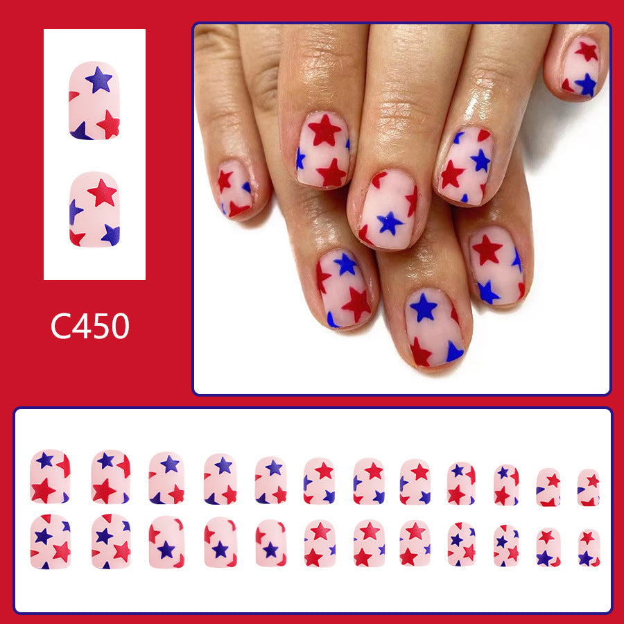 Wholesale 24 Pieces/box American Independence Day Short Striped Five-pointed Star Manicure Press-on Nails Kits Nail Stickers ACC-NS-GuaiXL036