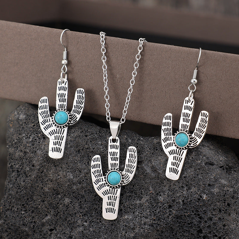 Wholesale Western style new cactus inlaid turquoise alloy Necklace
