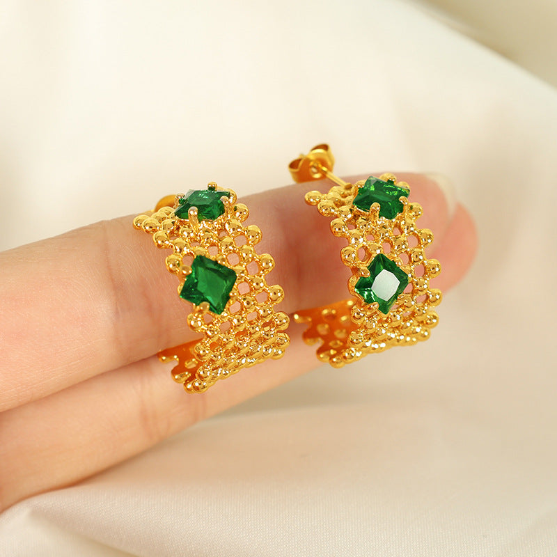Wholesale  titanium steel stitching mesh C- shaped earrings 18K gold inlaid zircon earrings