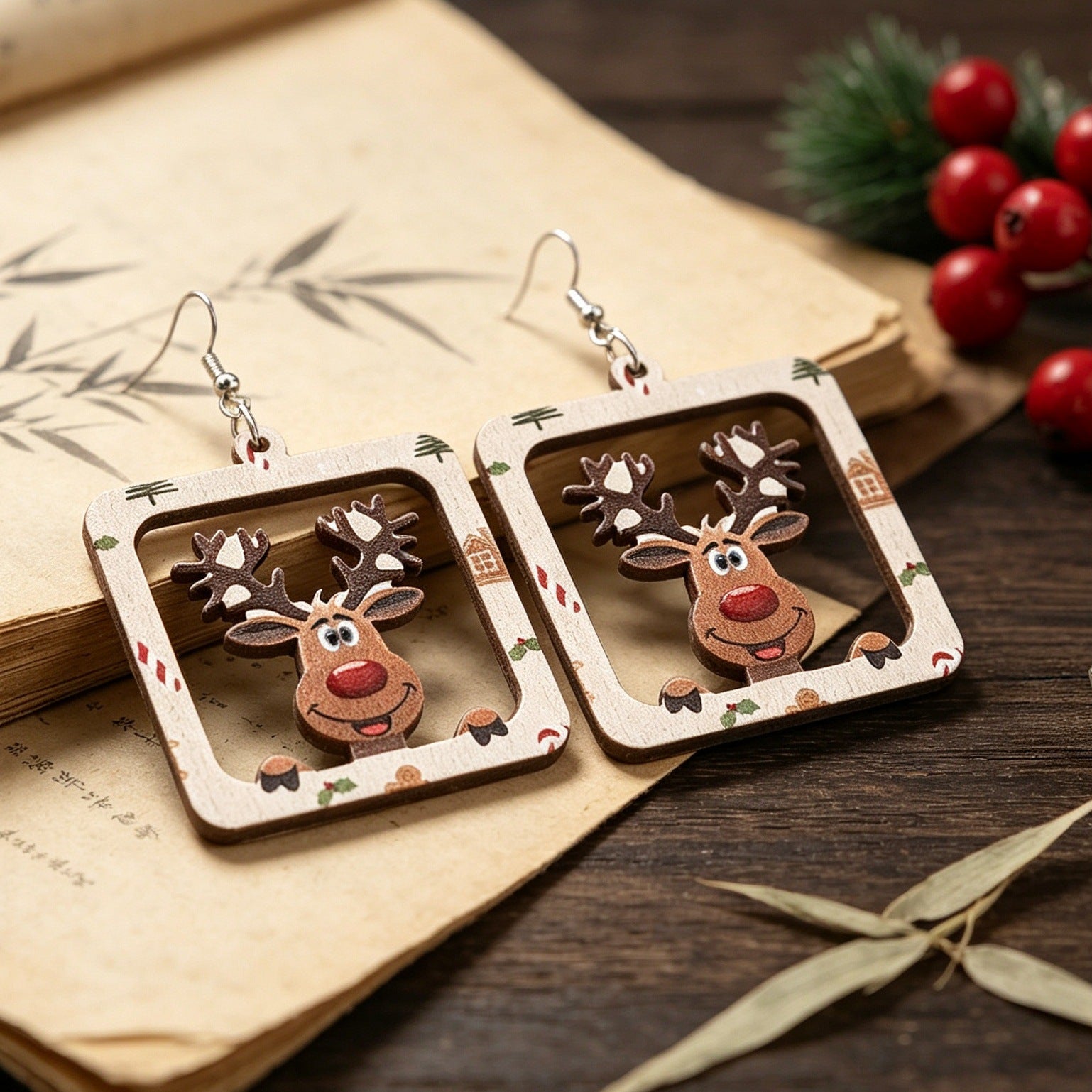 Wholesale Christmas Reindeer Themed Wooden Earrings Square Hollow Holiday Design Jewelry For Boutique Resale
