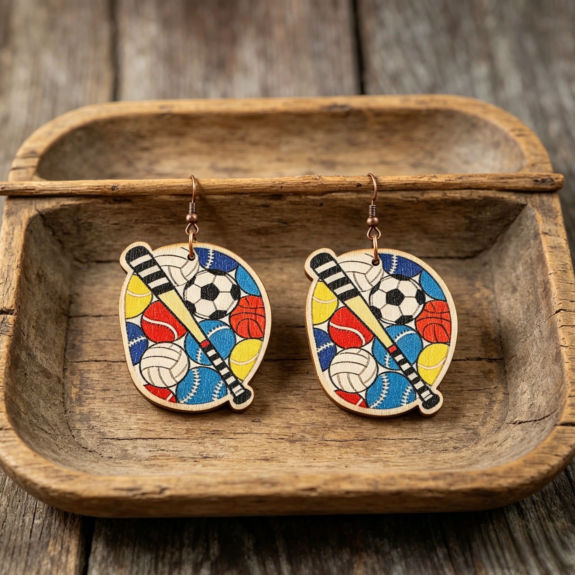 Wholesale Wooden Baseball Print Earrings Sports-Themed Fashion Accessory for Women
