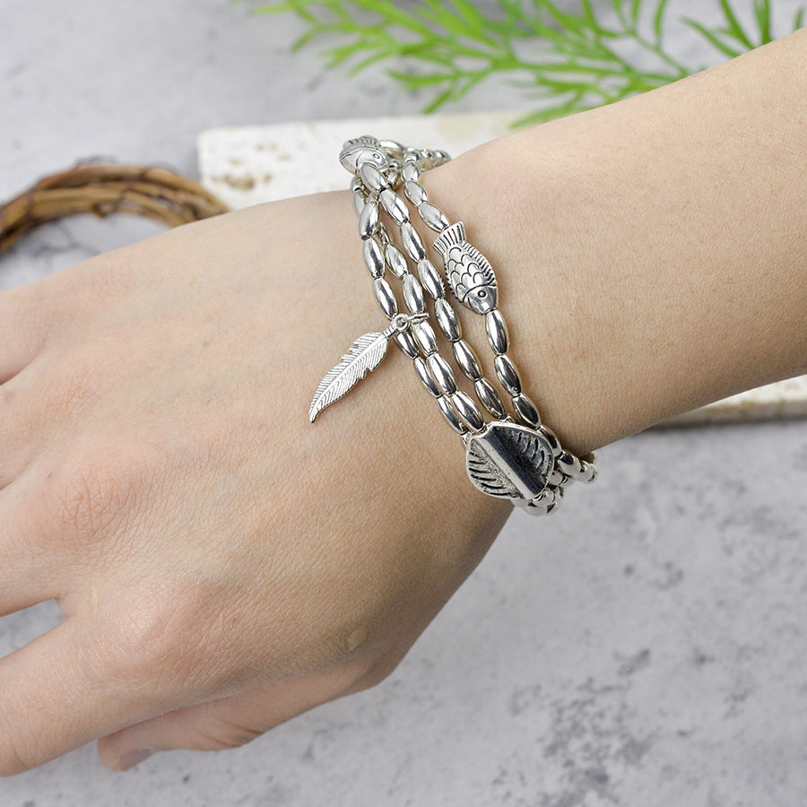 Wholesale Vintage Multi Layer Bracelet Anklet Set Antique Silver Leaf Fish Pendant Unisex Zinc Alloy Fashion Accessory
