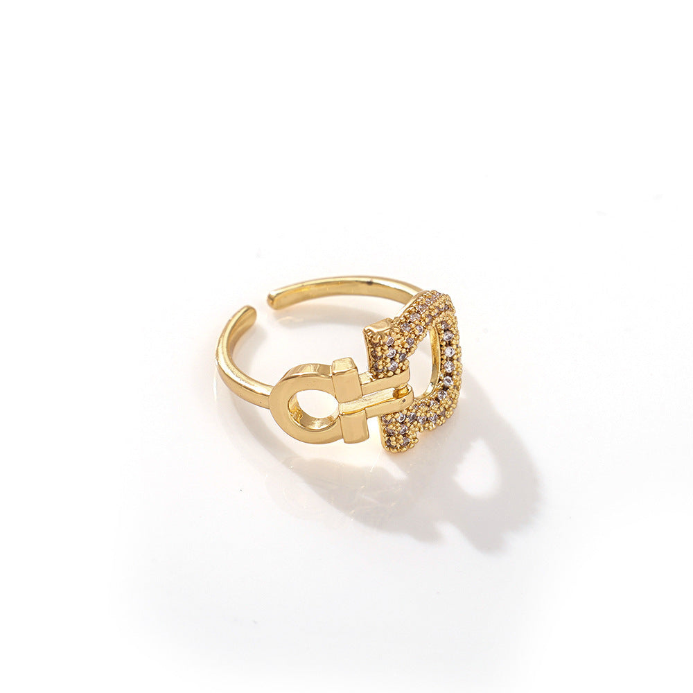 Wholesale Gold Plated Copper Zircon Open Ring with Crown Design Jewelry Accessory Gift