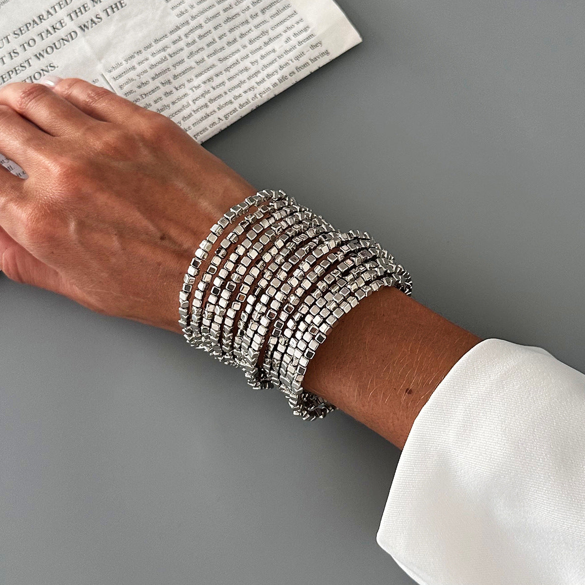 Wholesale Shiny Square Ccb Beaded Wrapped Wide Bracelet