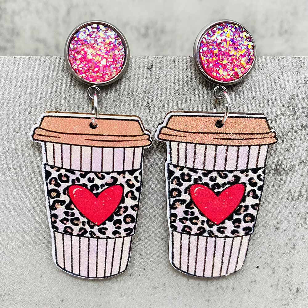 Wholesale Valentine's Day  Creative Leopard Love Coffee Cup Acrylic Earrings