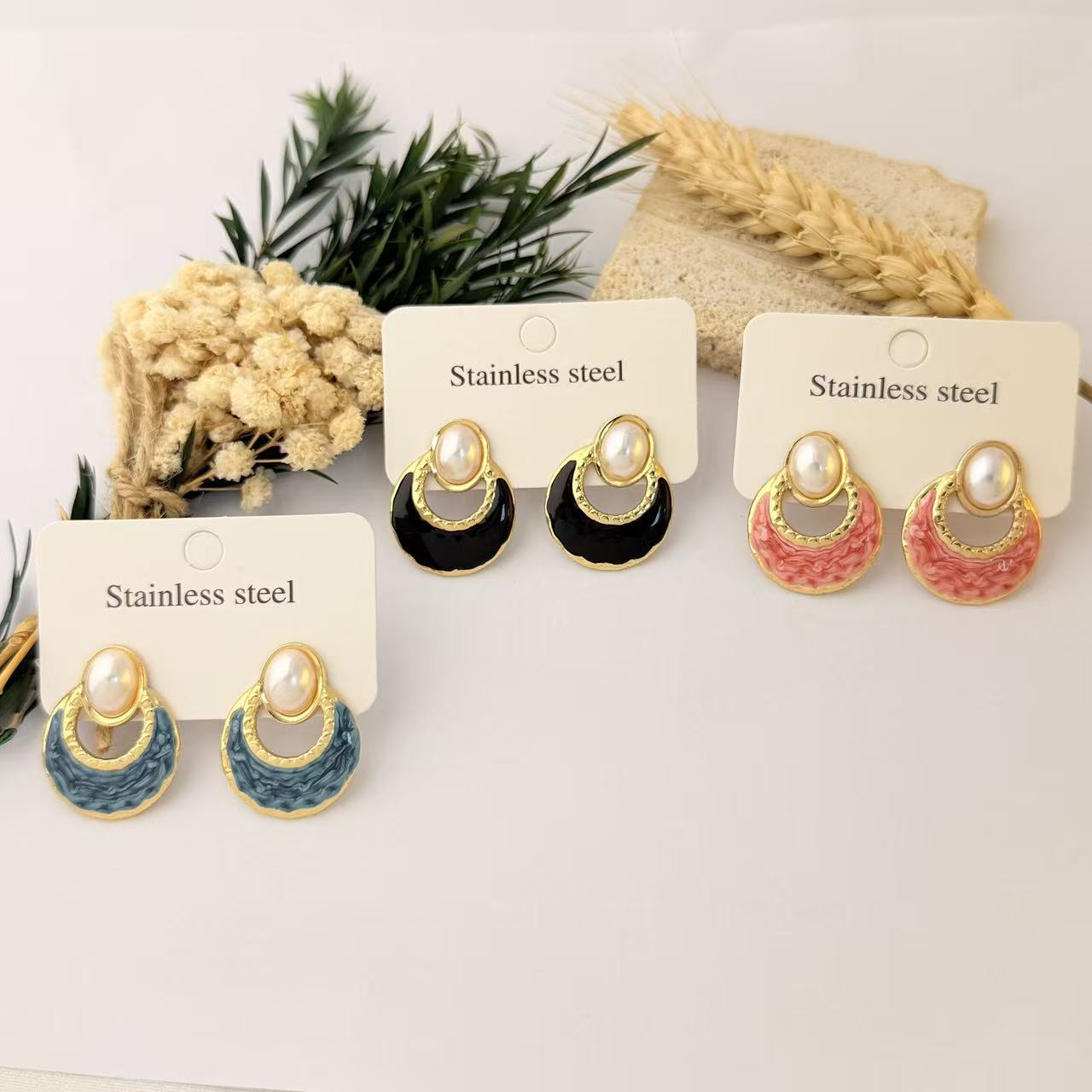 Wholesale Dripping Glaze Stainless Steel Earrings Minimalist Fan-Shaped Fashion Jewelry Accessory for Women