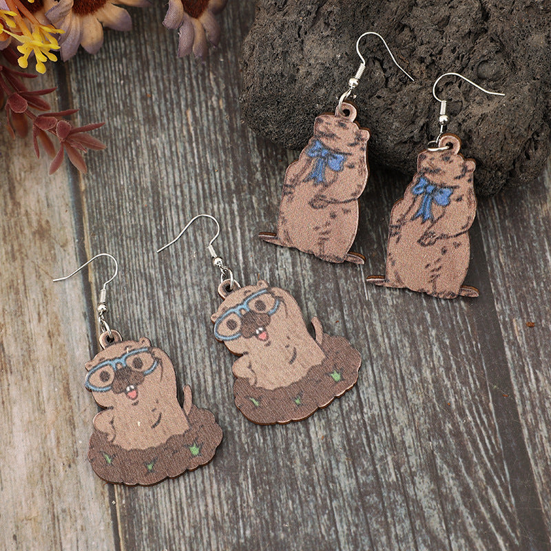 Wholesale Retro Cute Glasses Groundhog Bow Wooden Creative Earrings
