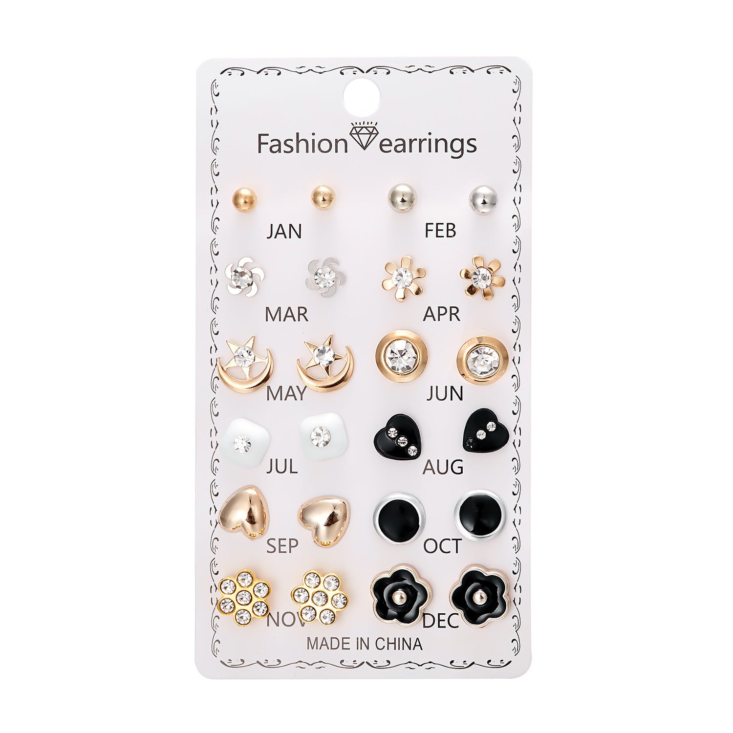 Wholesale 12 Pairs of Flower-encrusted Diamond Combination Clip-on Earrings Set Ear Studs ACC-ES-Chuya001